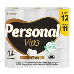 Papel Higiênico Personal Vip 3 Folha Tripla com 12 rolos de 20 metros
