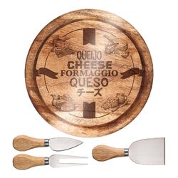 Conjunto Queijo Euro 4 Peças Tábua Vidro Madeira