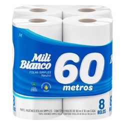 Papel Higienico Folha Simples Mili Bianco C/8 60m Neutro