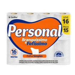 Papel Higiênico Personal Branquíssimo e Fofíssimo Folha Simples Leve 16 Pague 15 rolos de 30m