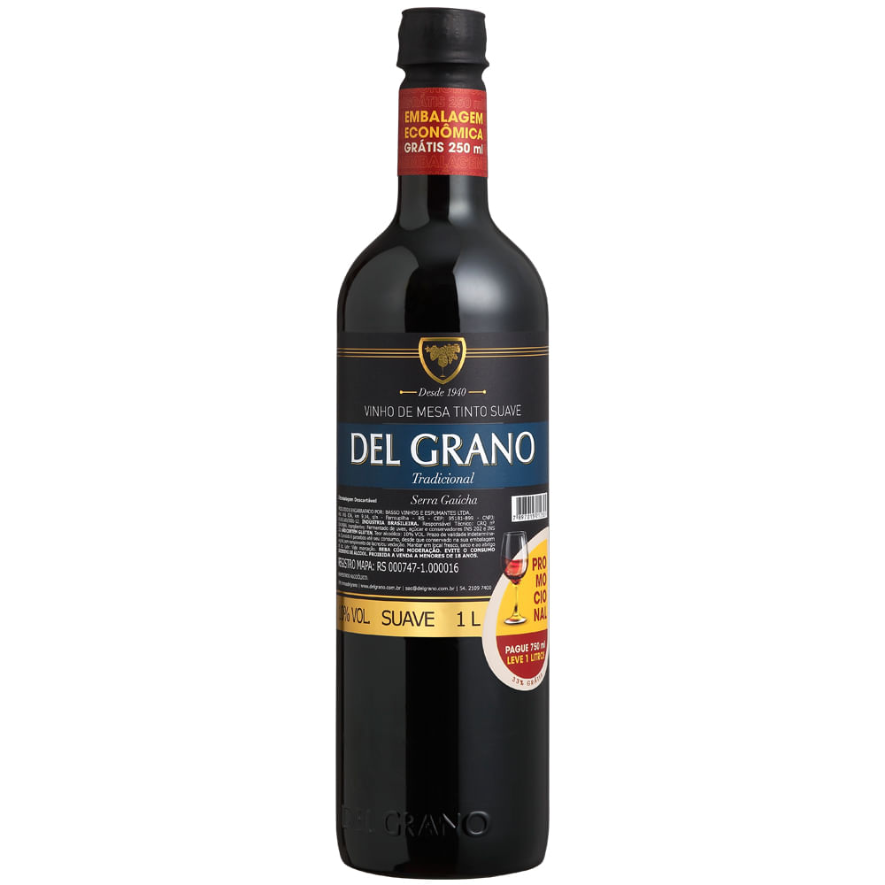 Vinho Brasileiro Del Grano Suave Tinto Leve 1L Pague 750ml - Paulistão ...