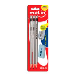 Kit Pencíl Molin 3 Lápis Borracha Apontador