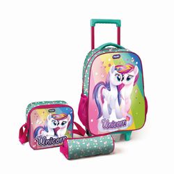 Mochila De Rodinhas Com Estojo e Lancheira Magic Unicorn