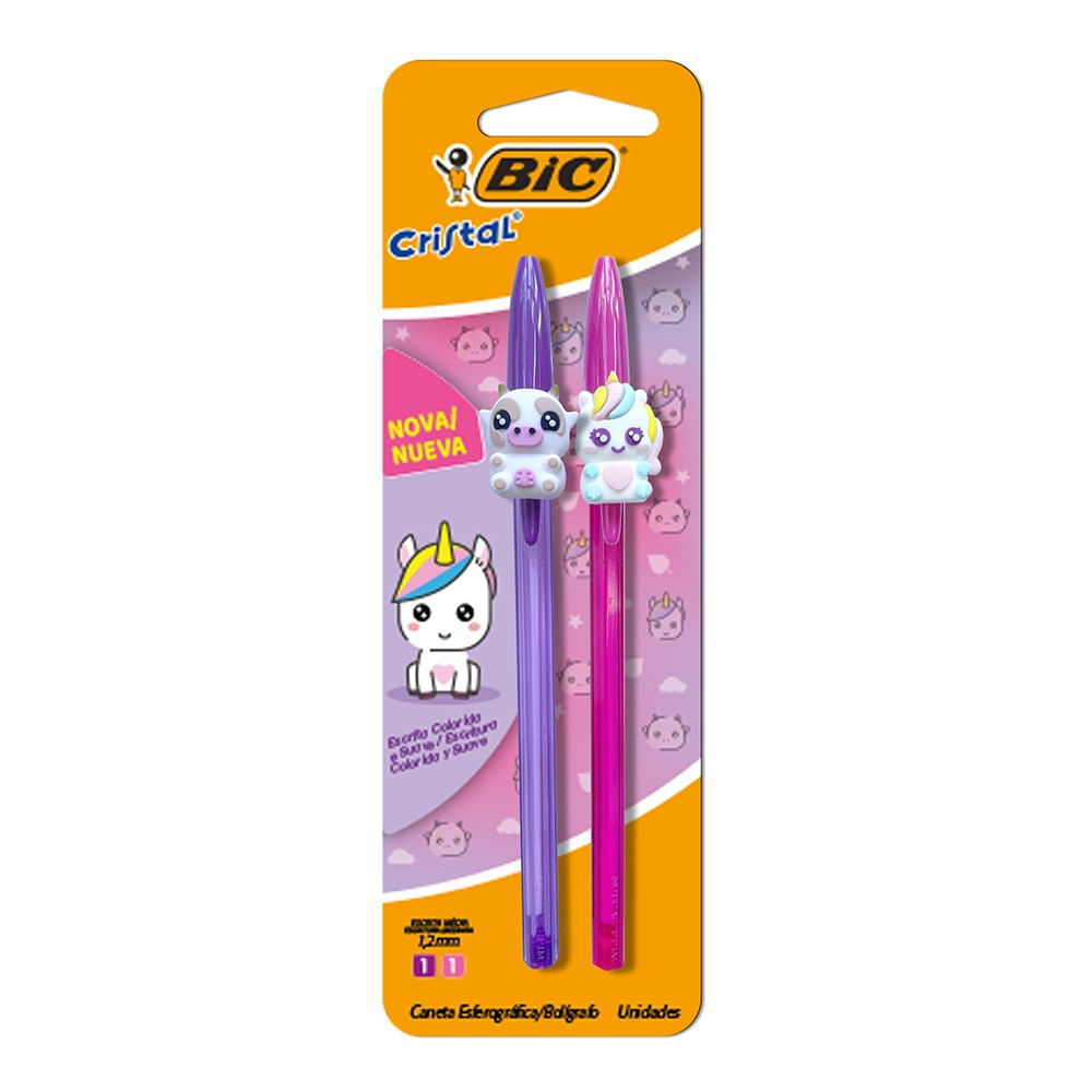 Caneta Bic Cristal Fashion Bichinhos Com 2 Unidades Rosa e Roxo